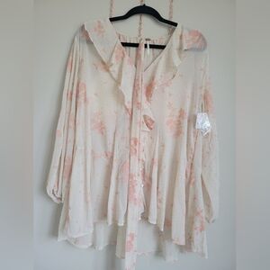 Free People Dreamland Flocked Floral Ruffle with Tie Button Down Size xs